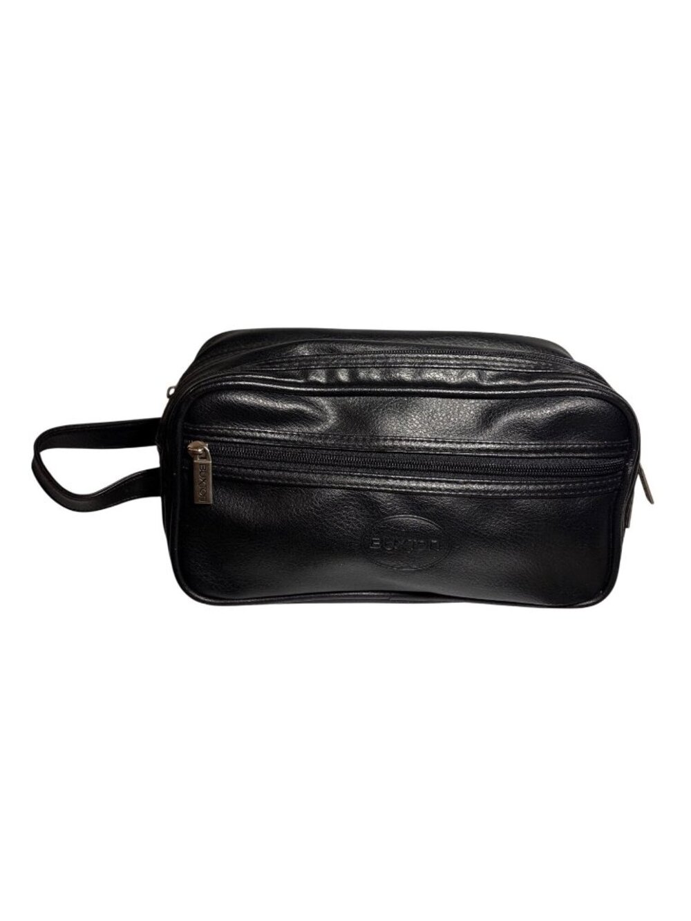 Buxton Travel Toiletry Bag Black Leather Mens Zippered Compartments Handle 11"